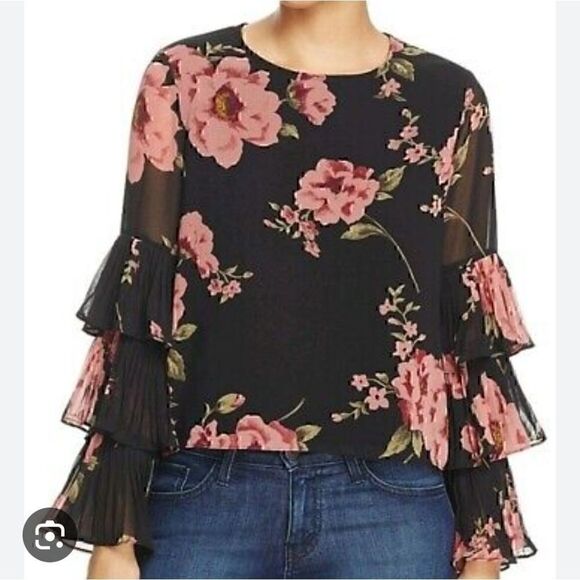 LUCY PARIS BLACK FLORAL LONG TIERED STATEMENT SLEEVE ROUND NECK BLOUSE SIZE S - Picture 1 of 12